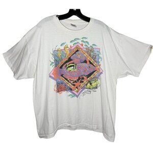 Vtg Zooper Anvil 2X White T-Shirt Fish Graphic Cotton Linda Rossin Single Stitch